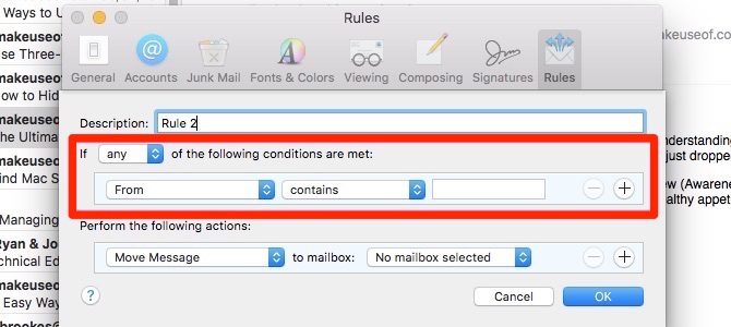 Why is mailbox greyed out in mac app for rules